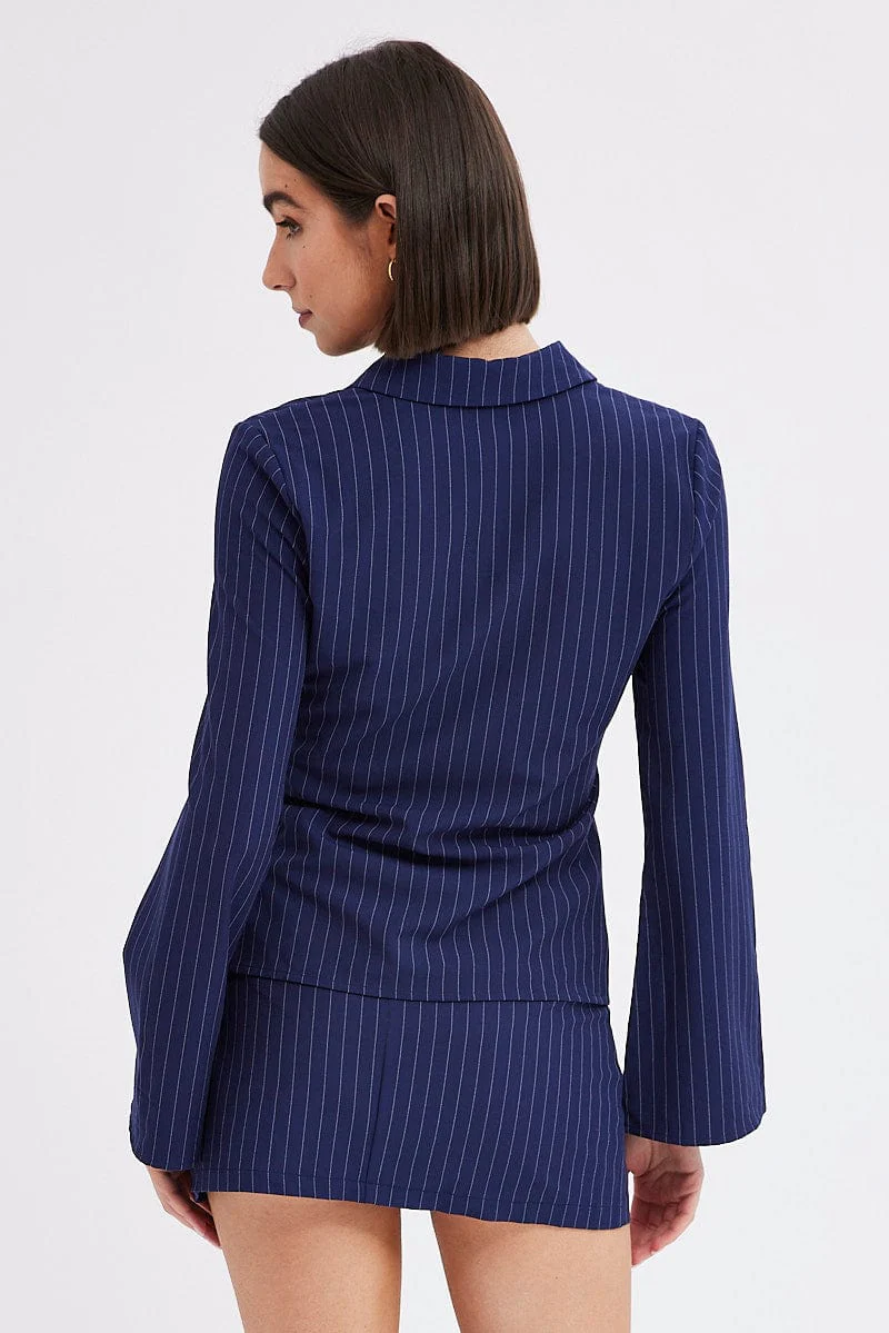 Blue Stripe Shirt Long Sleeve Collared Hook & Eye - Image 5
