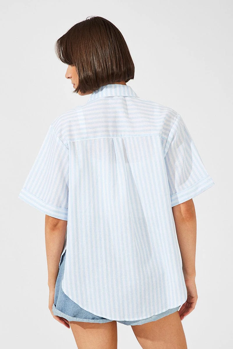 Blue Stripe Shirt Short Sleeve Collared Neck - Image 5