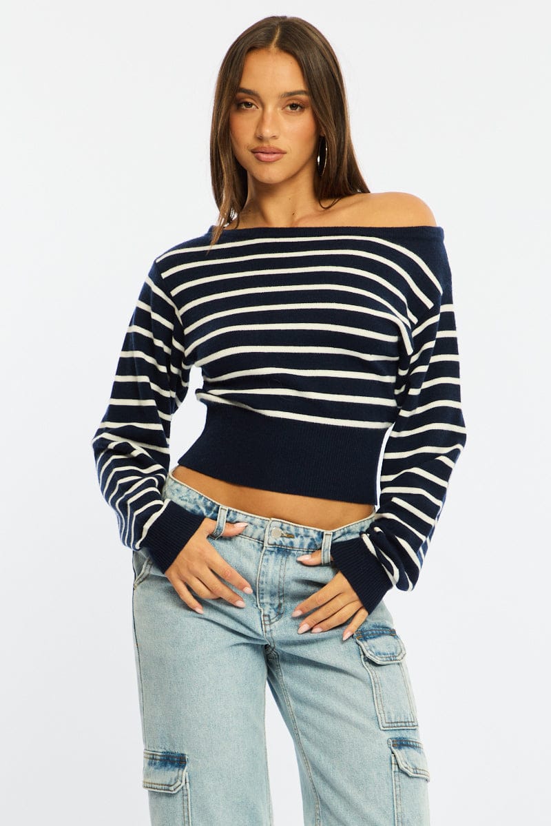 Blue Stripe Stripe Knit Top Off Shoulder Long Sleeve