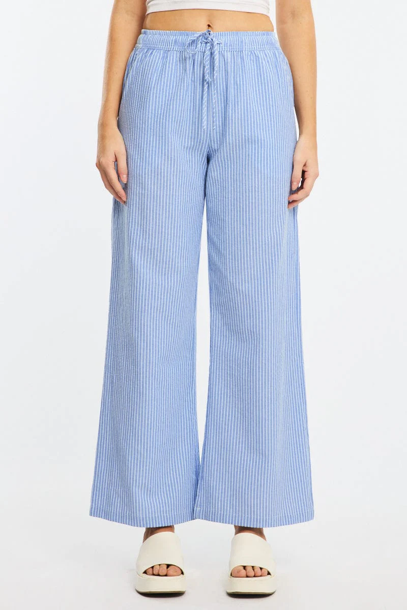Blue Stripe Wide Leg Pants Elasticated Waist - Image 2