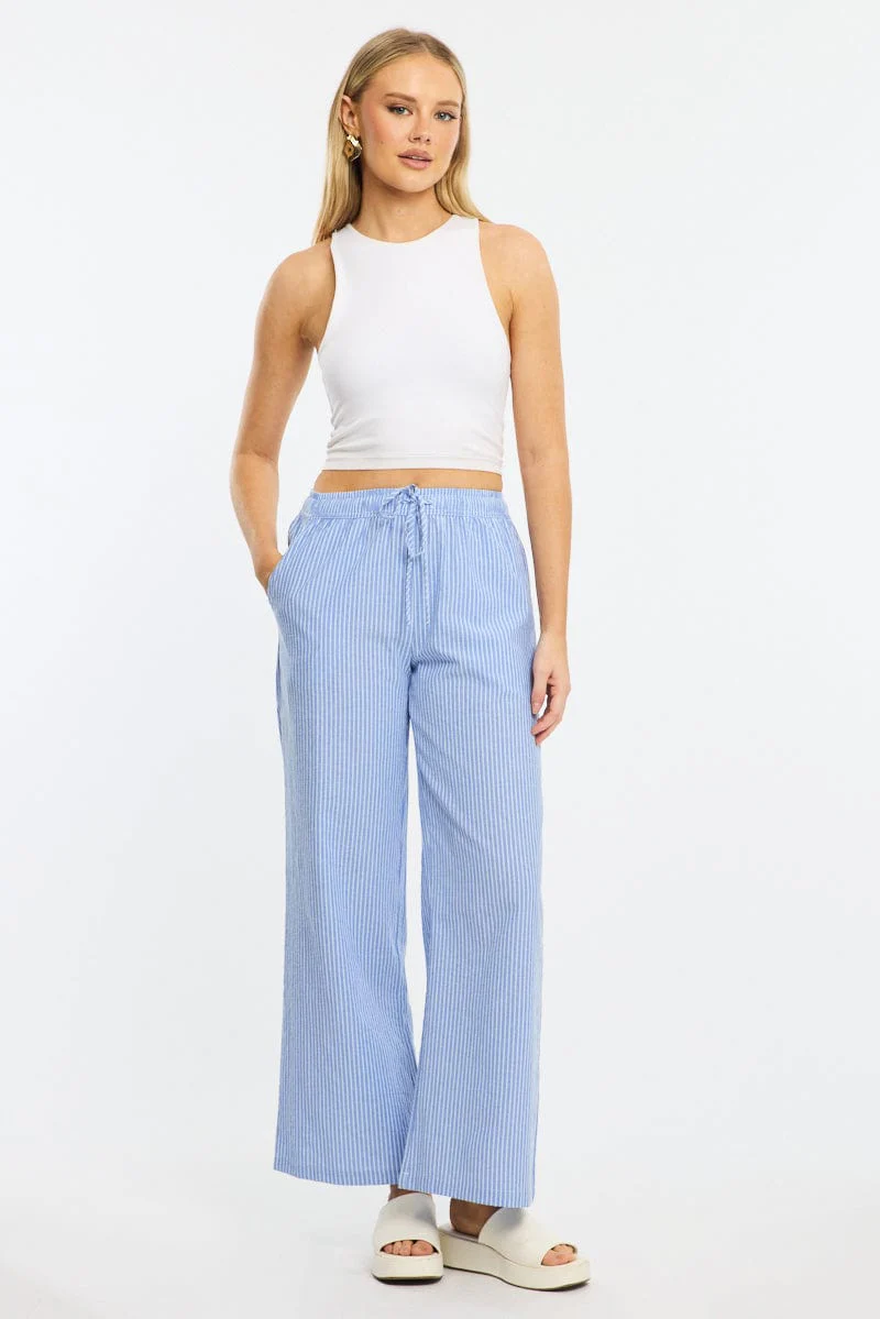Blue Stripe Wide Leg Pants Elasticated Waist - Image 3