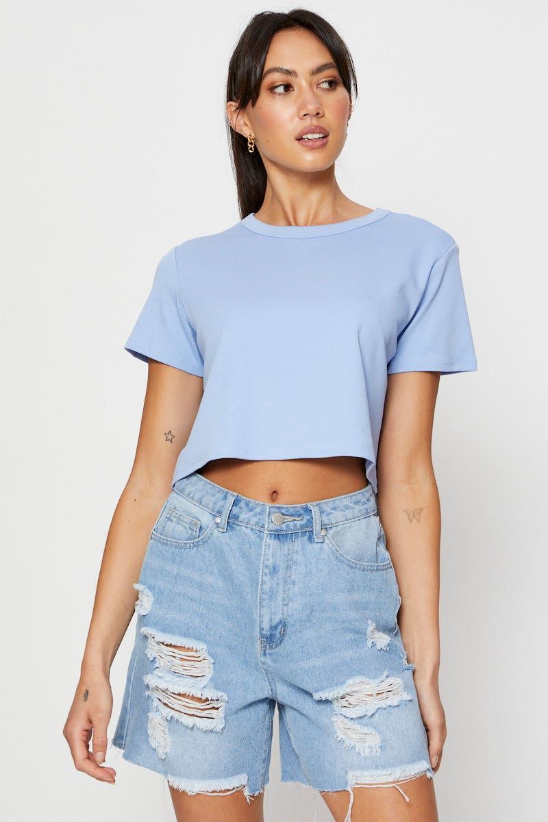 Blue T Shirt Short Sleeve Crop Crew Neck Cotton - Image 8