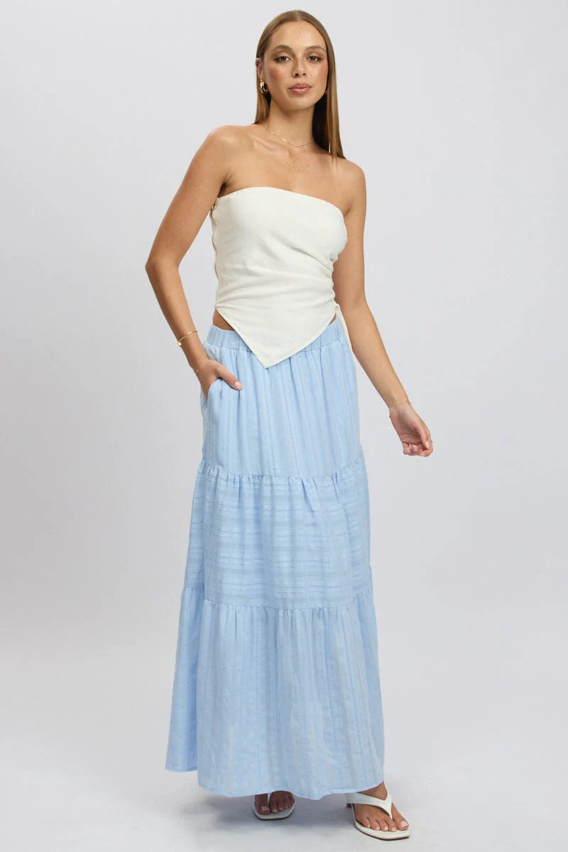 Blue Tiered Maxi Skirt High Rise Elastic Waist Lined - Image 2