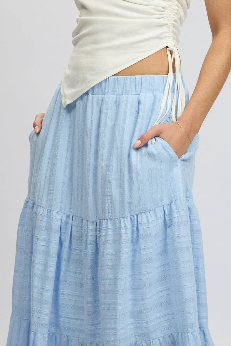 Blue Tiered Maxi Skirt High Rise Elastic Waist Lined - Image 6