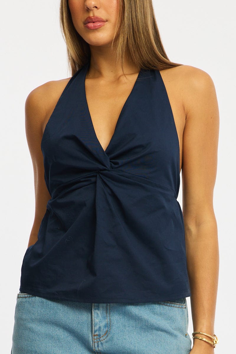 Blue Twist Halter Top Sleeveless Cotton Poplin - Image 5