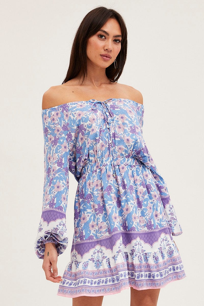 Boho Print Tie Waist Dress Long Sleeve Mini - Image 3