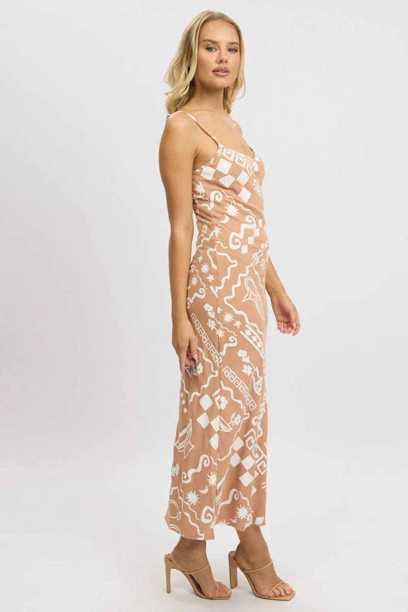 Brown Abstract Maxi Dress Bias Cut Linen Blend - Image 4