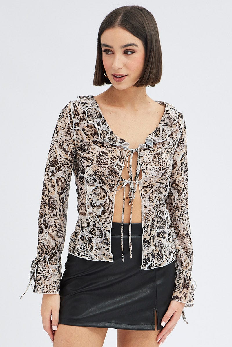 Brown Animal Print Bolero Long Sleeve Ruffle Snake Print Chiffon - Image 4