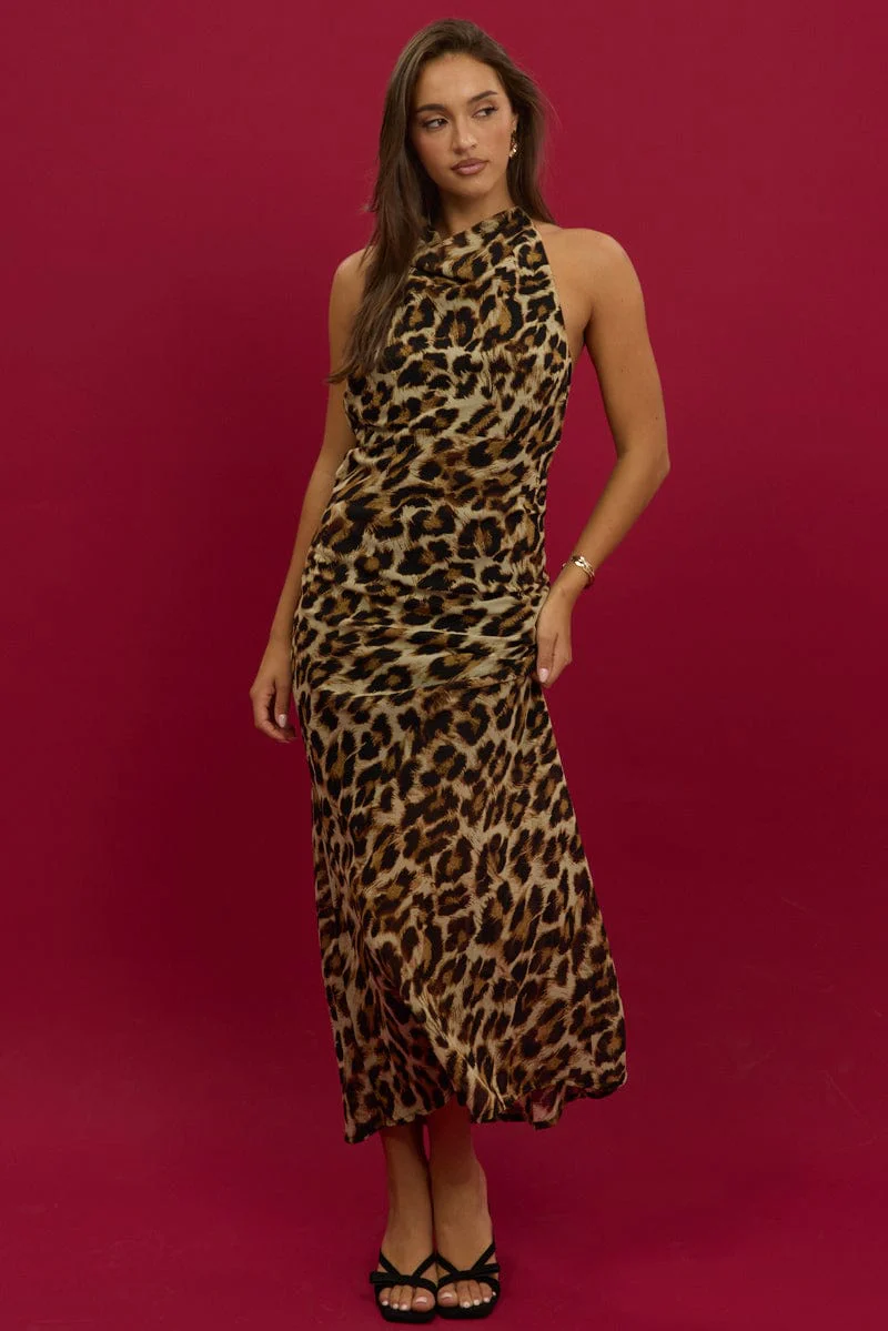 Brown Animal Print Maxi Dress Cowl Neck - Image 3
