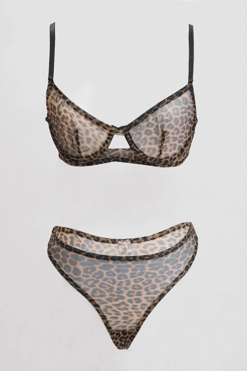 Brown Animal Print Mesh Lingerie Set