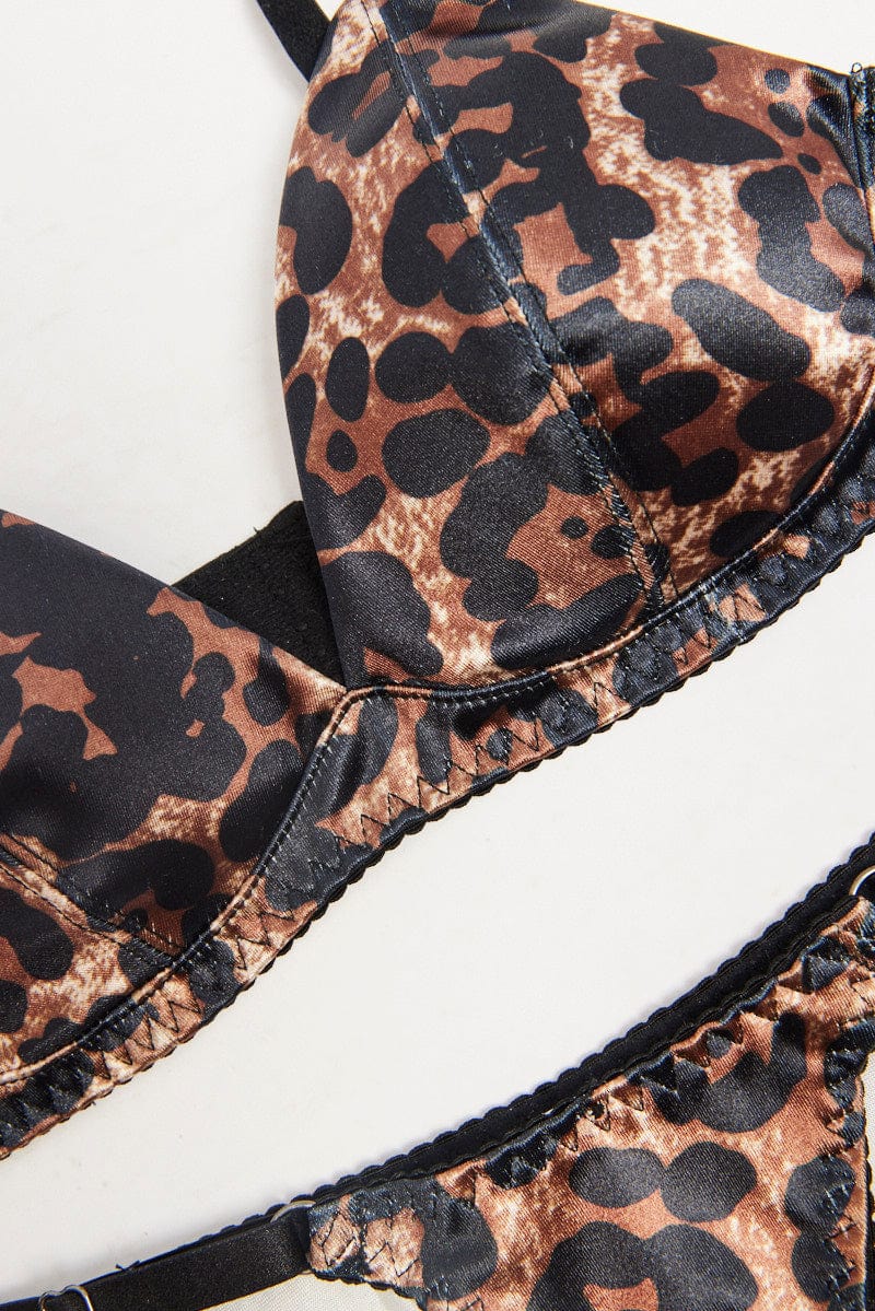 Brown Animal Print Satin Lingerie Set - Image 2
