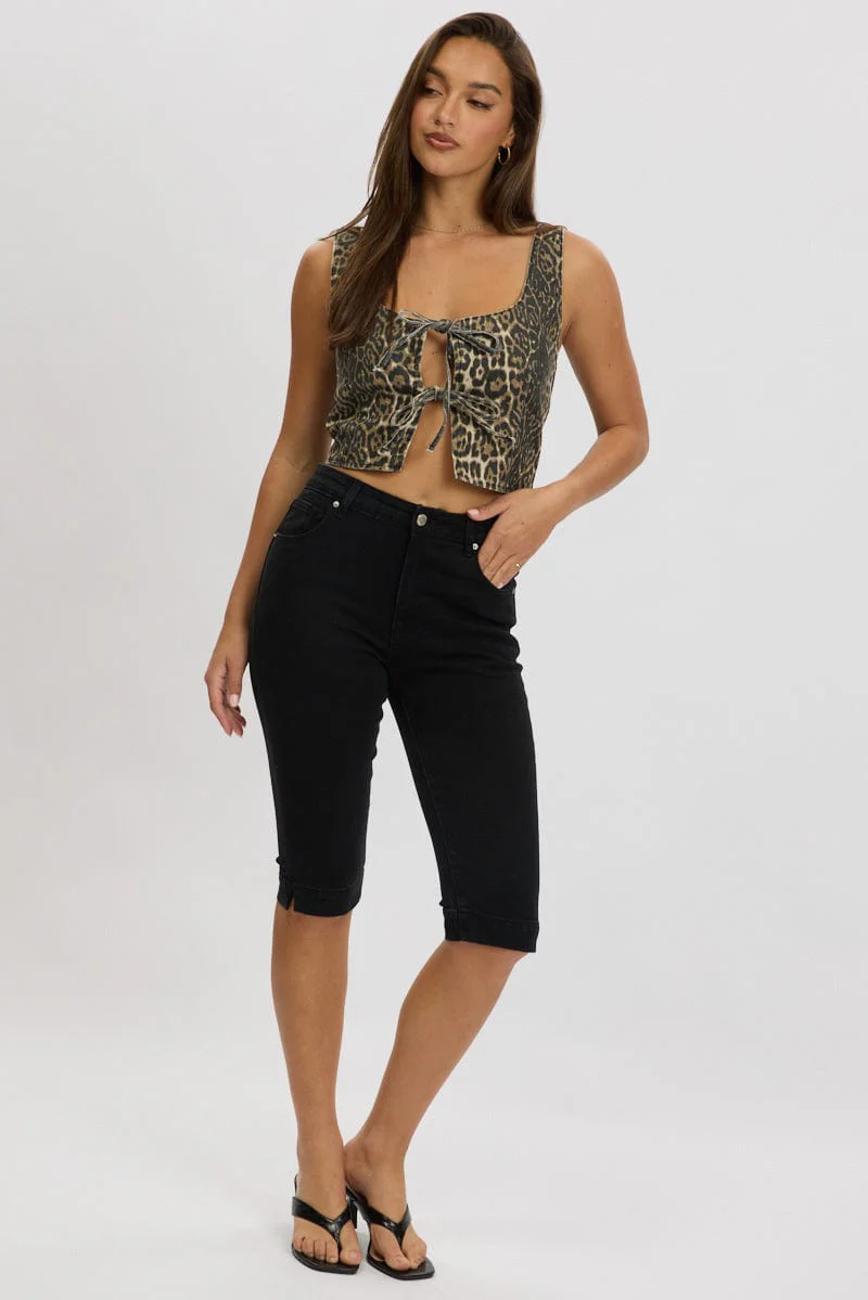 Brown Animal Print Tie Front Top Sleeveless - Image 3