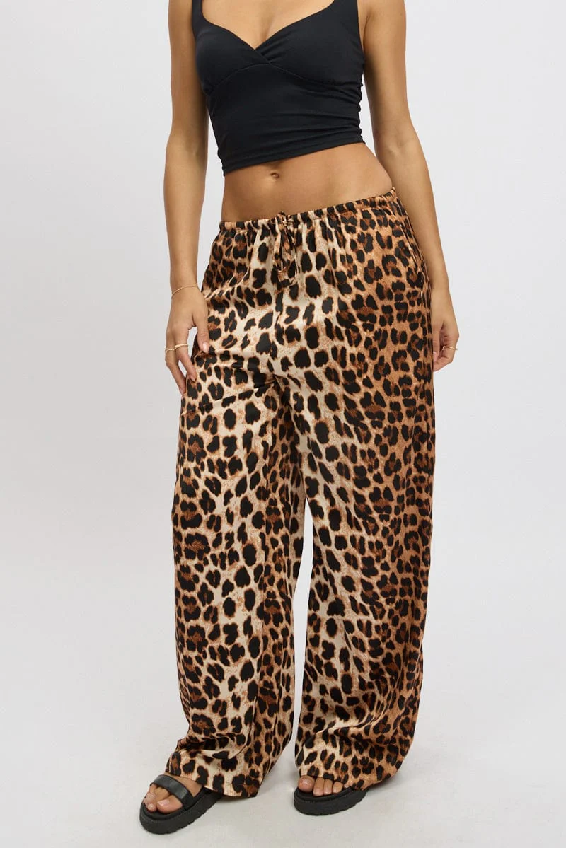Brown Animal Print Wide Leg Pants Elasticated Waist - Image 2