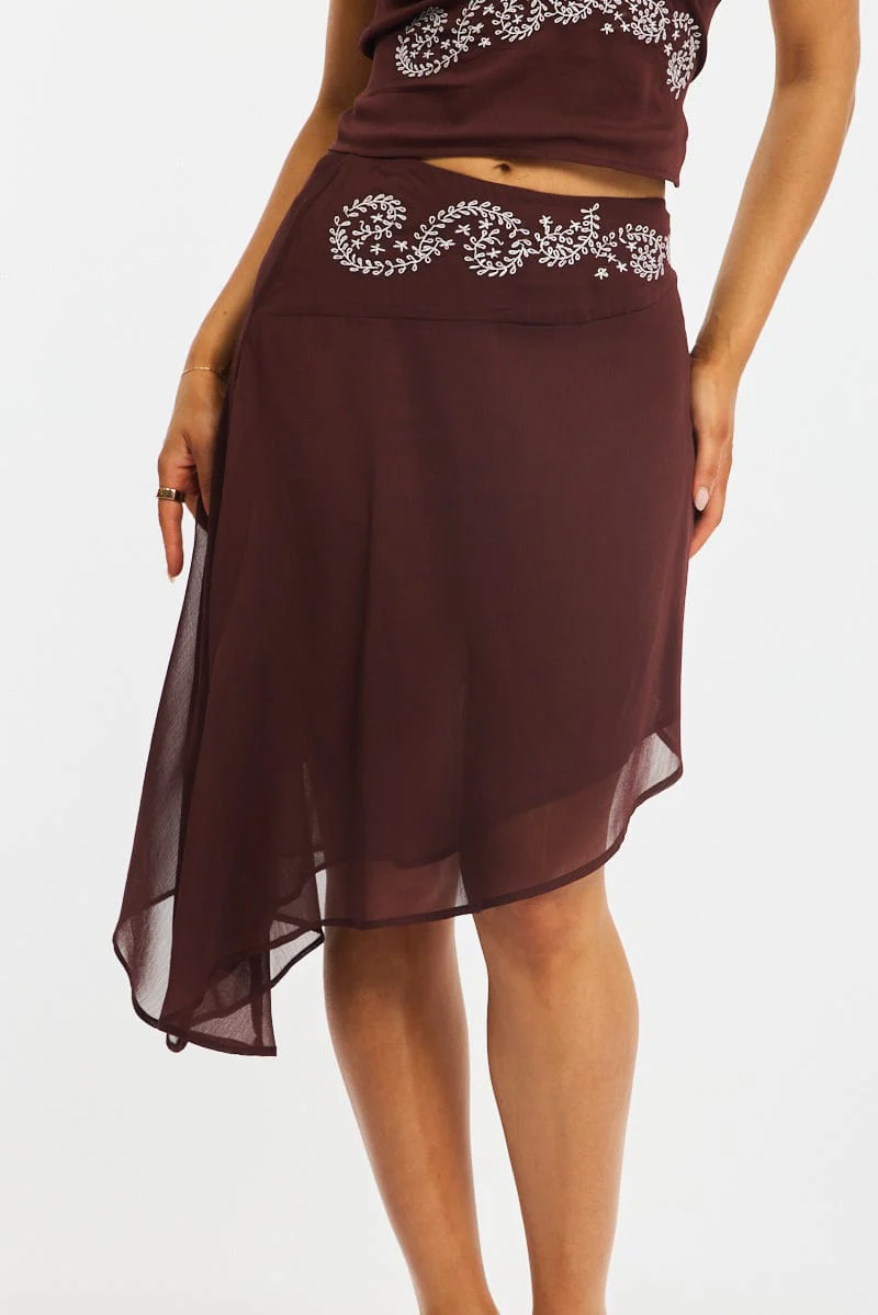 Brown Asymmetric Midi Skirt Mid Rise Embroidered - Image 2