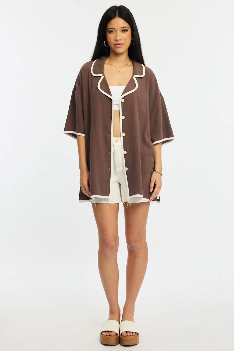 Brown Bias Lapel Shirt Short Sleeve Relaxed Linen Blend - Image 2