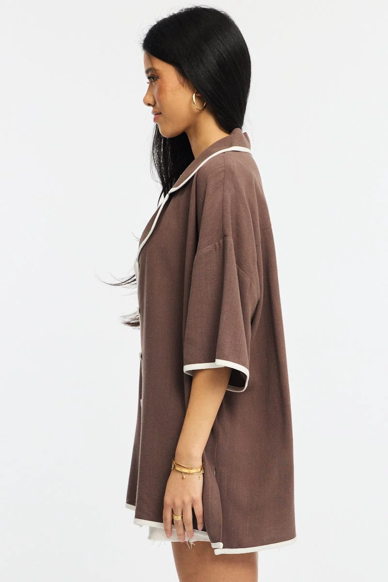 Brown Bias Lapel Shirt Short Sleeve Relaxed Linen Blend - Image 3