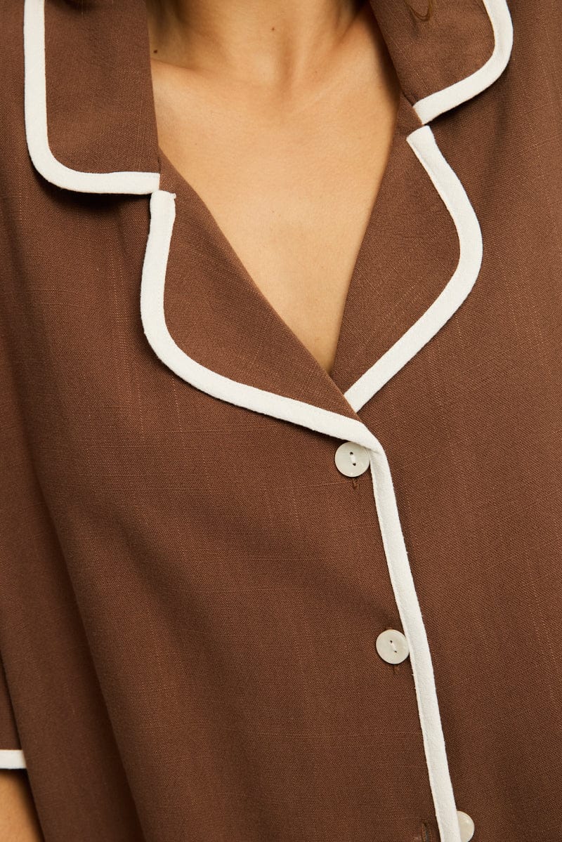 Brown Bias Lapel Shirt Short Sleeve Relaxed Linen Blend - Image 5