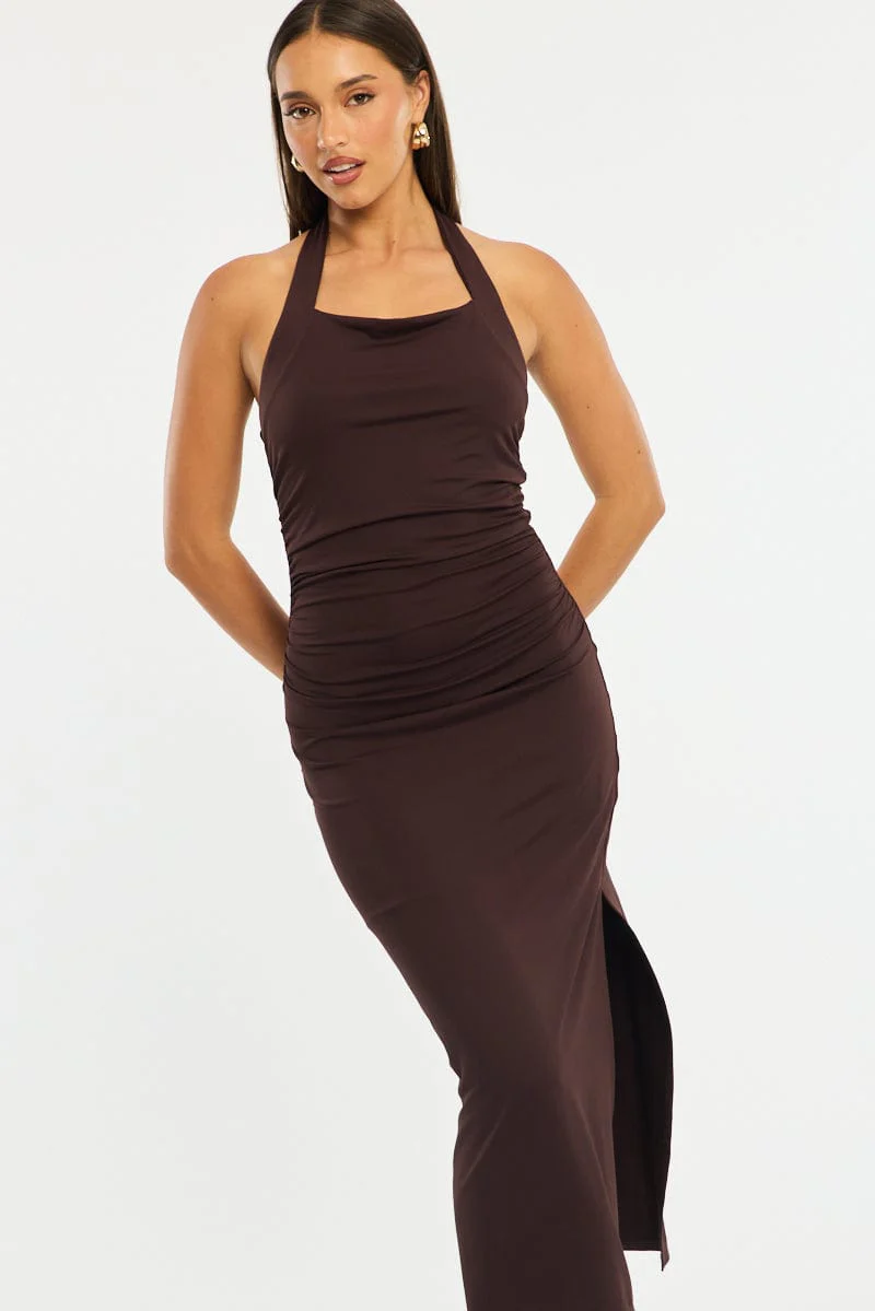 Brown Bodycon Dress Halter Neck - Image 2