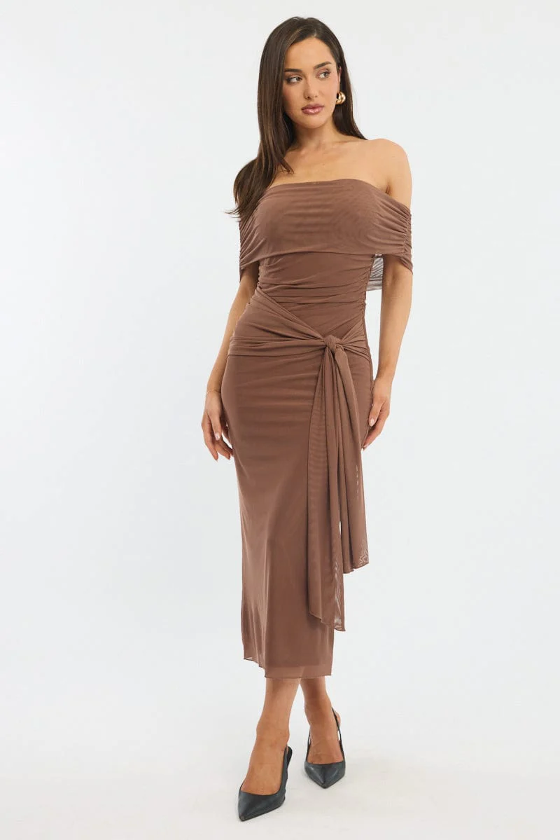 Brown Bodycon Dress Off Shoulder Mesh - Image 2