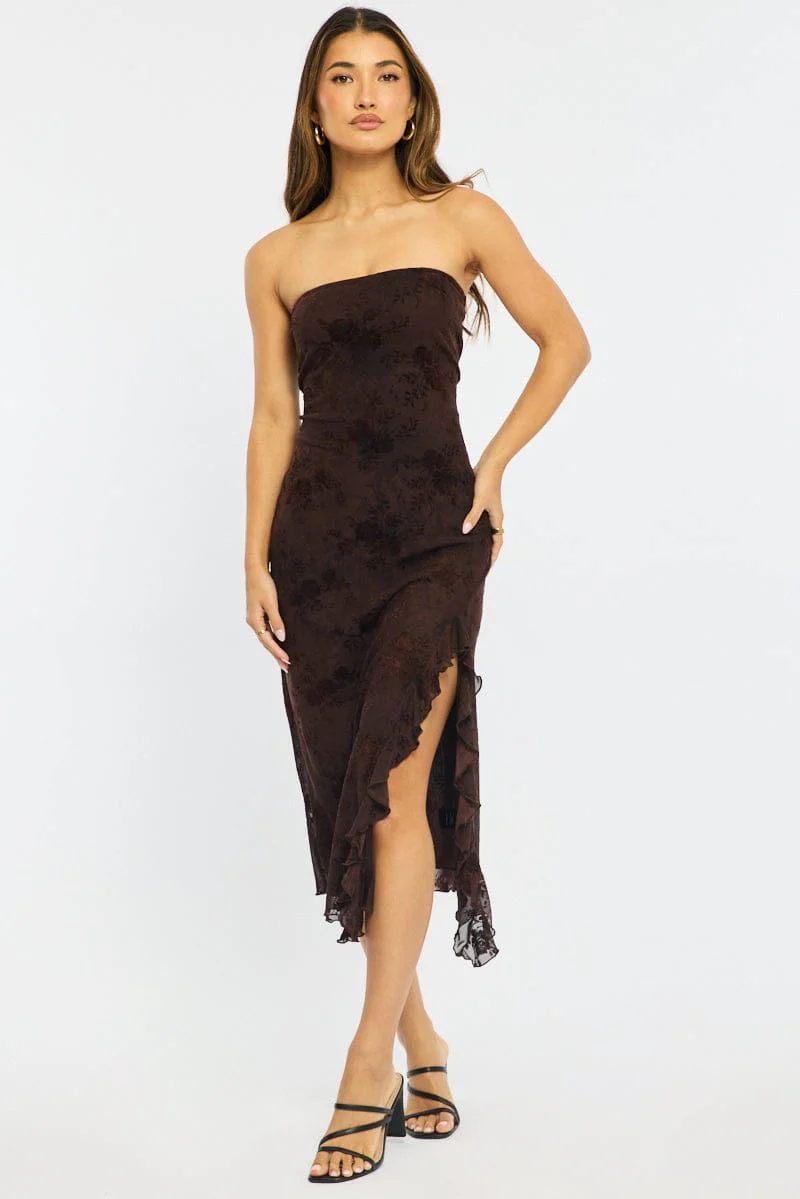 Brown Bodycon Dress Strapless Burnout - Image 3