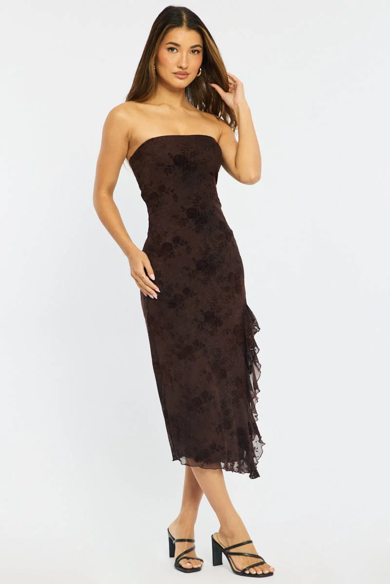 Brown Bodycon Dress Strapless Burnout - Image 4