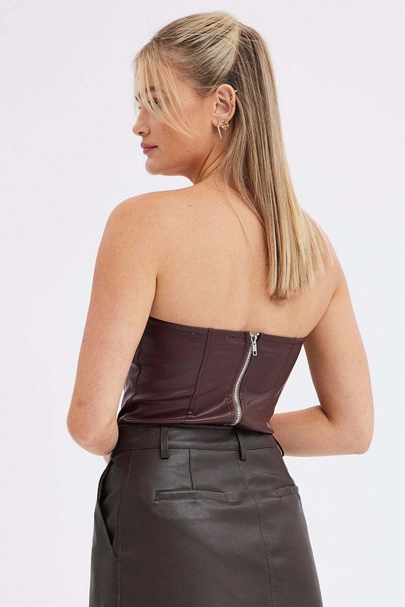 Brown Bodysuit Sleeveless Sweetheart Faux Leather - Image 5