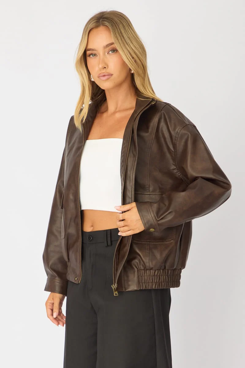 Brown Bomber Jacket Washed Faux Leather - Image 5