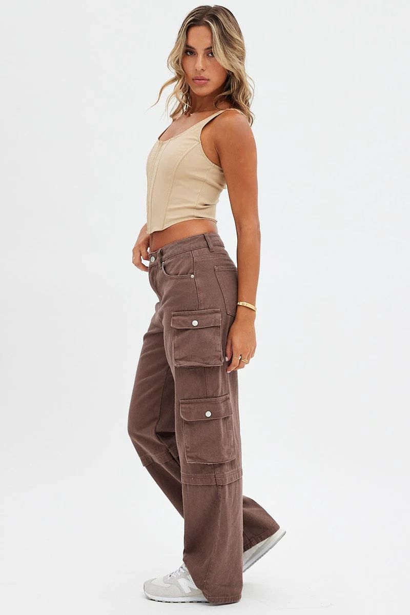 Brown Cargo Denim Jeans High Rise - Image 4