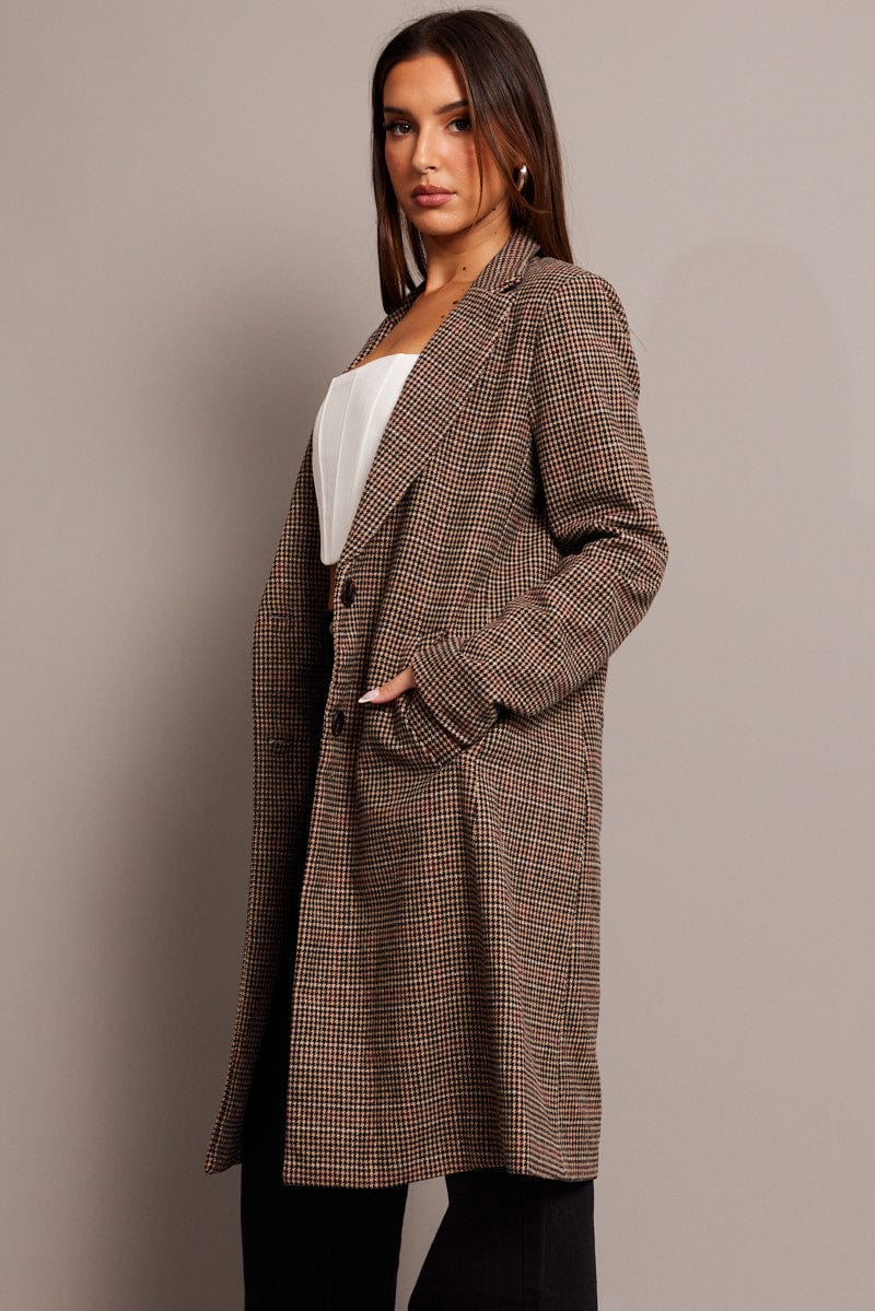 Brown Check One Button Coat Long Sleeve - Image 4