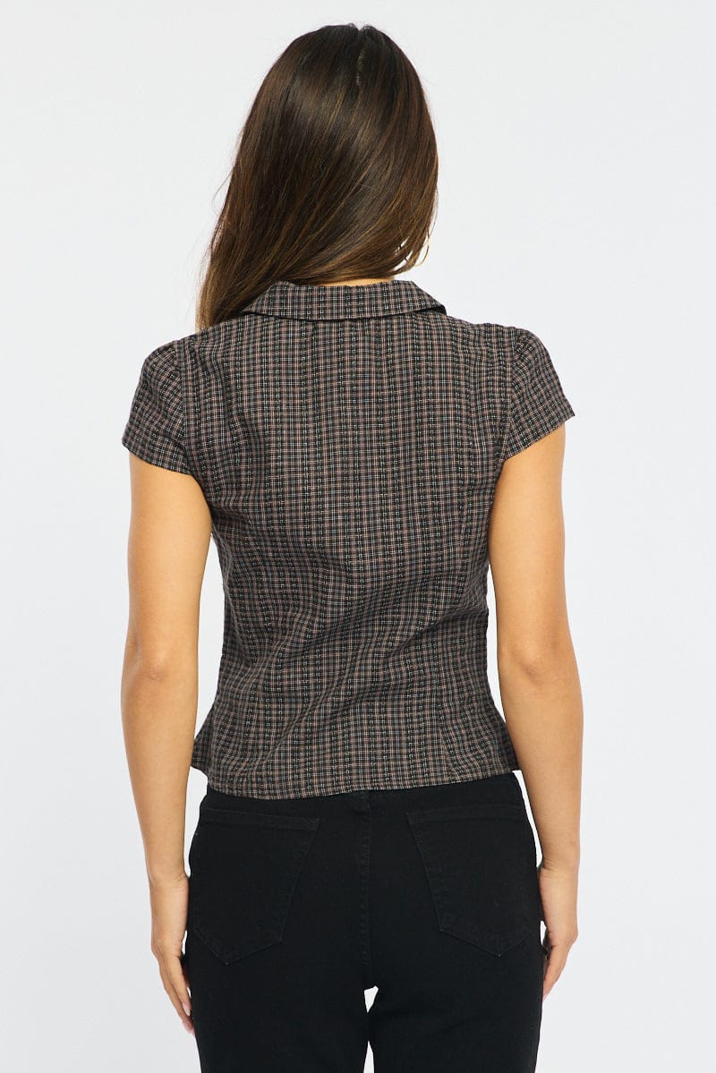 Brown Check Shirt Short Sleeve Collared Ruffle Front Pleated - Image 4
