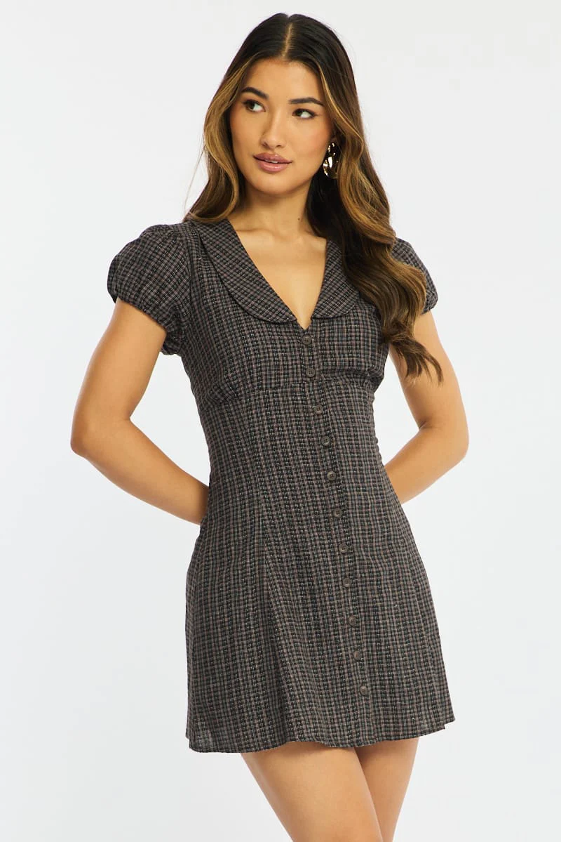 Brown Check Shirts Dress Collared Mini - Image 2