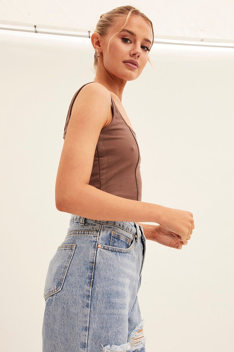 Brown Corset Crop Rib Curve Hem Tank - Image 4