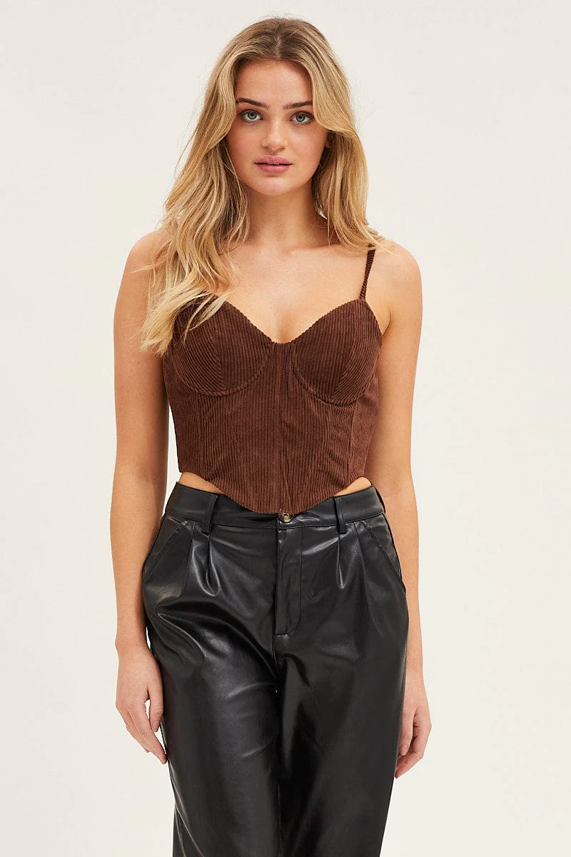 Brown Corset Top Sleeveless Crop Corduroy - Image 4