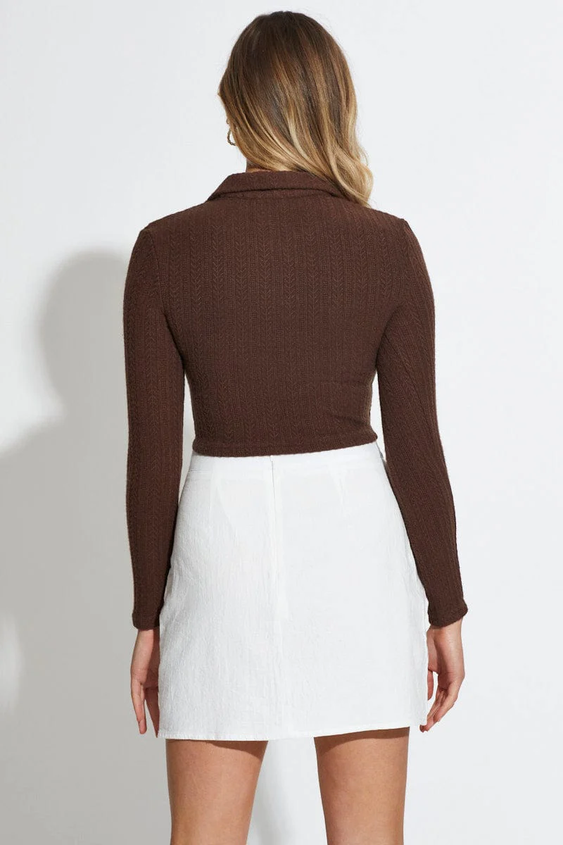 Brown Crop Top Long Sleeve Collared - Image 5