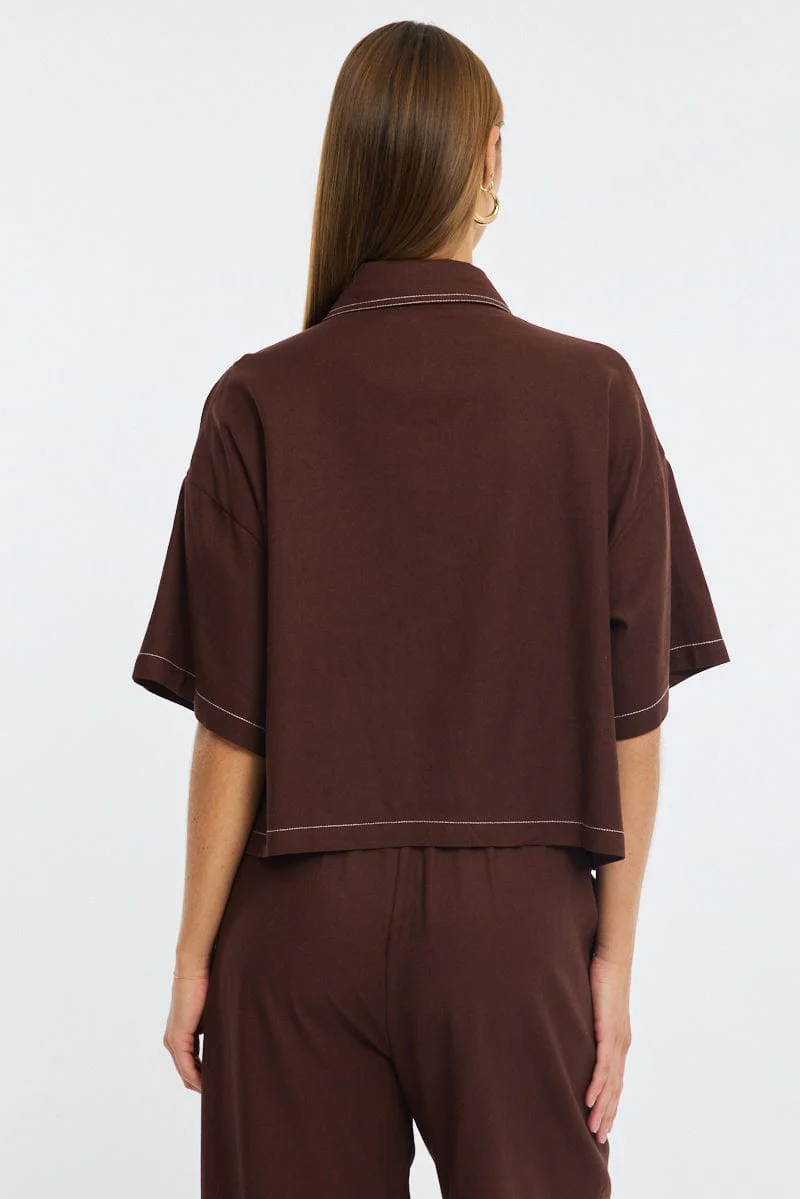 Brown Cropped Shirt Short Sleeve Collared Outpocket - Image 4