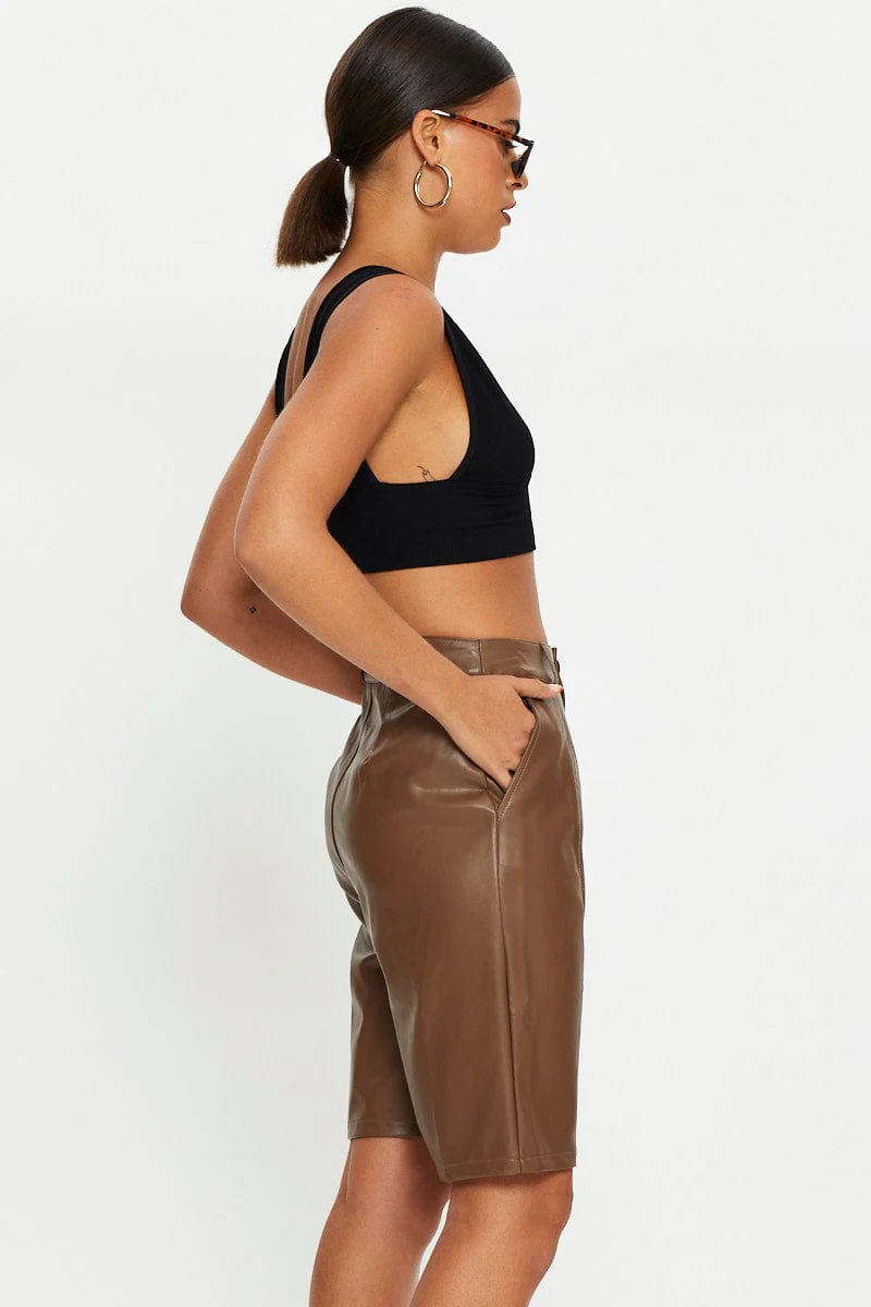 Brown Faux Leather Boyfriend Short - Image 4