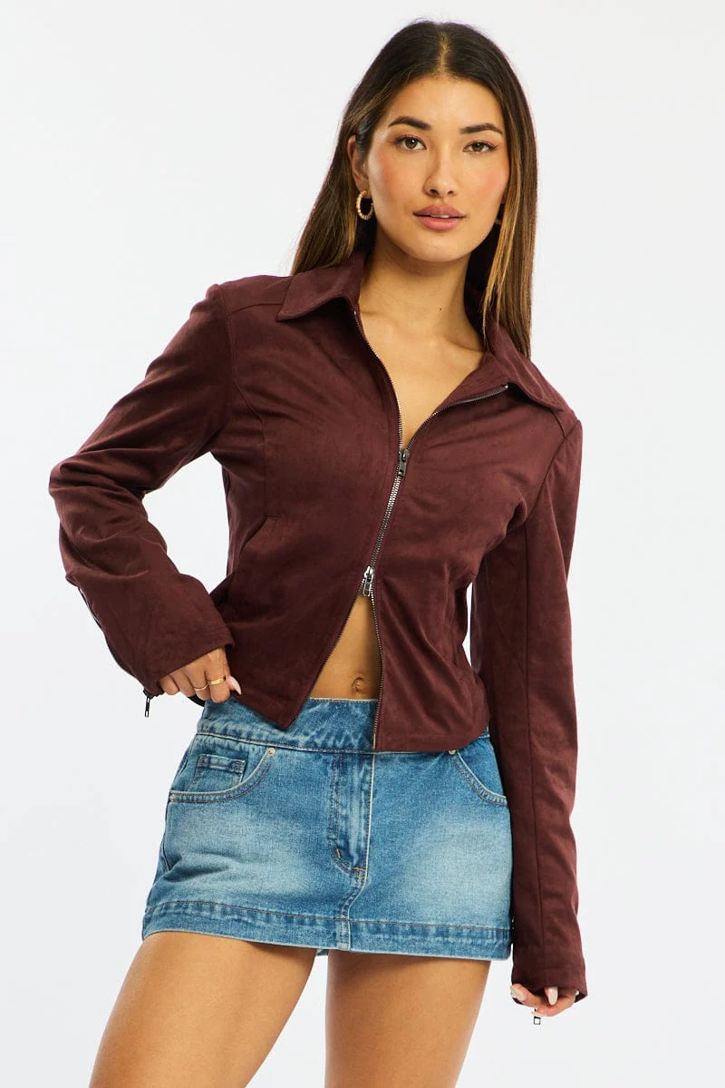 Brown Faux Leather Jacket Long Sleeve