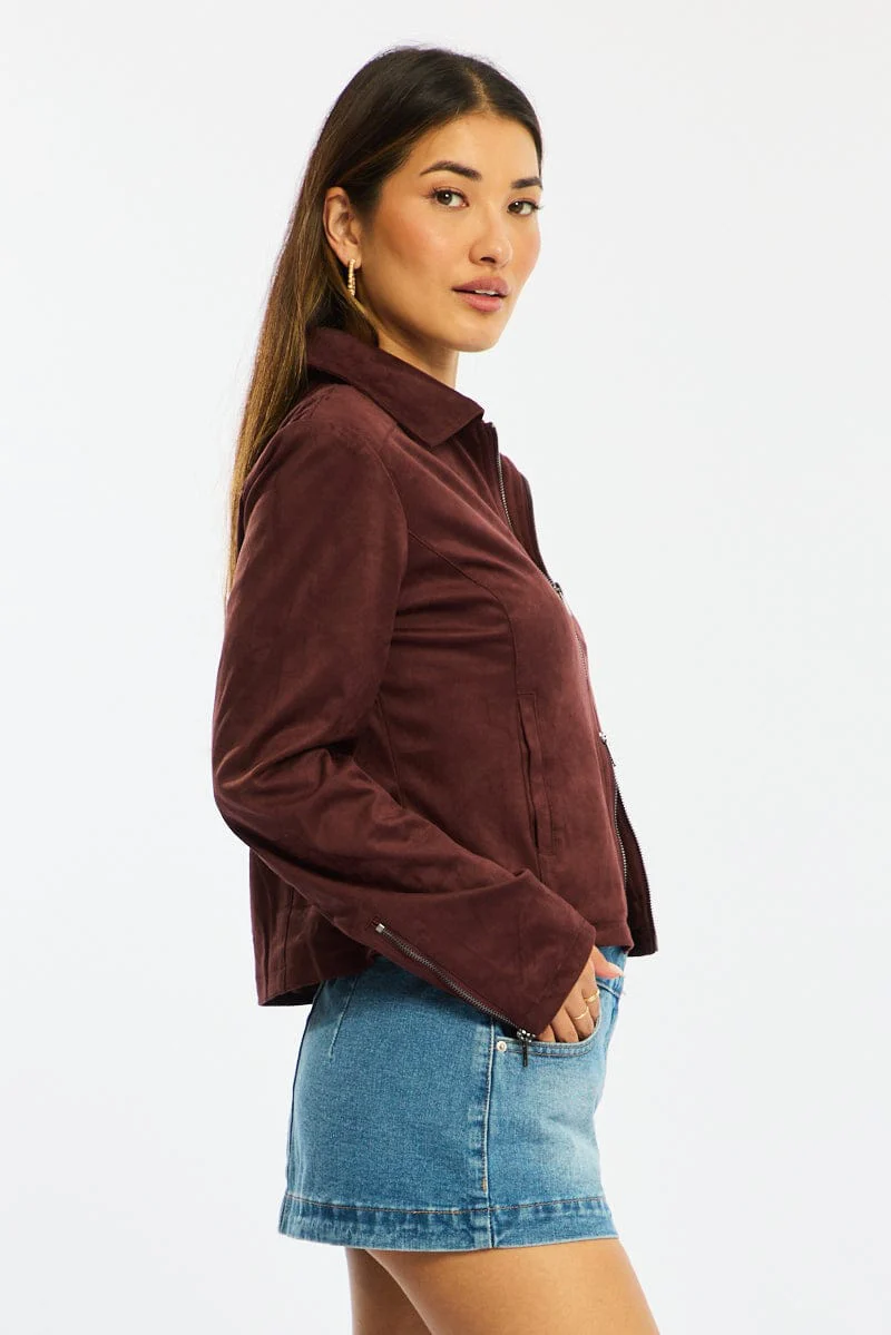 Brown Faux Leather Jacket Long Sleeve - Image 4