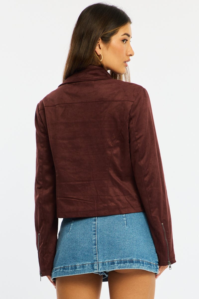Brown Faux Leather Jacket Long Sleeve - Image 5