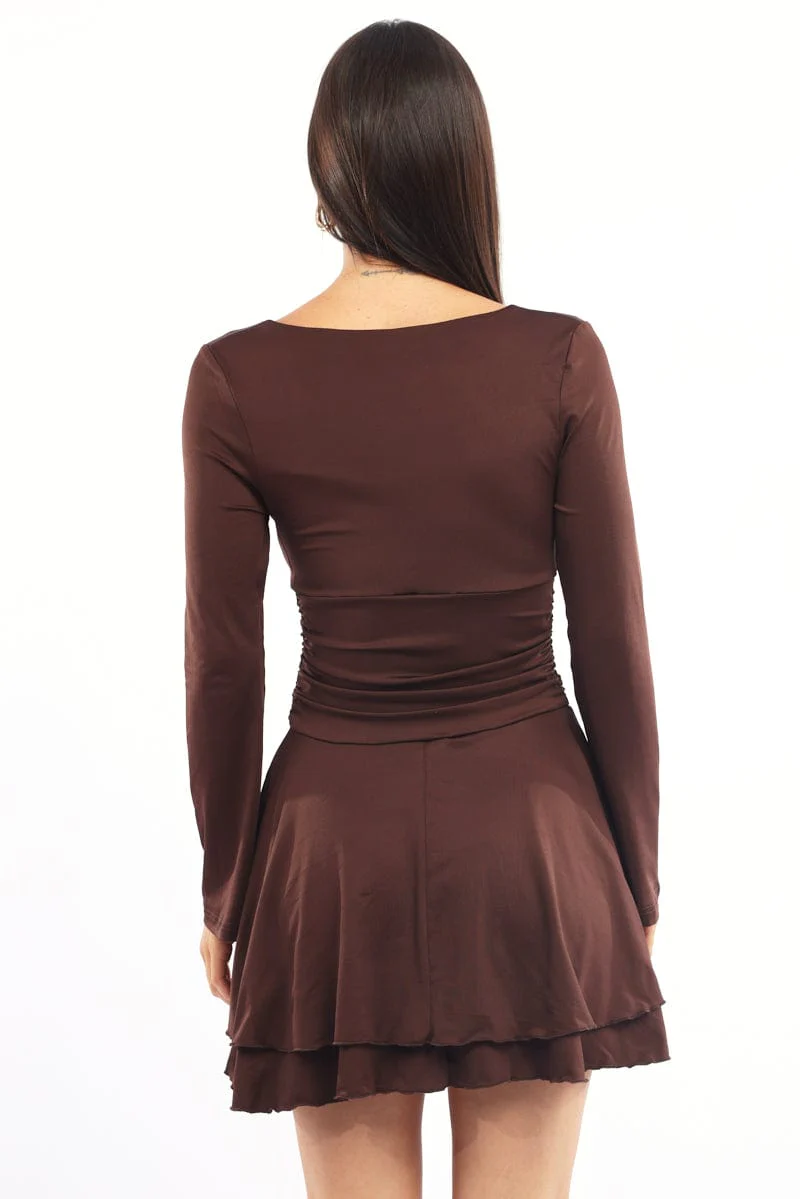 Brown Fit And Flare Dress Bell Sleeve - Image 4