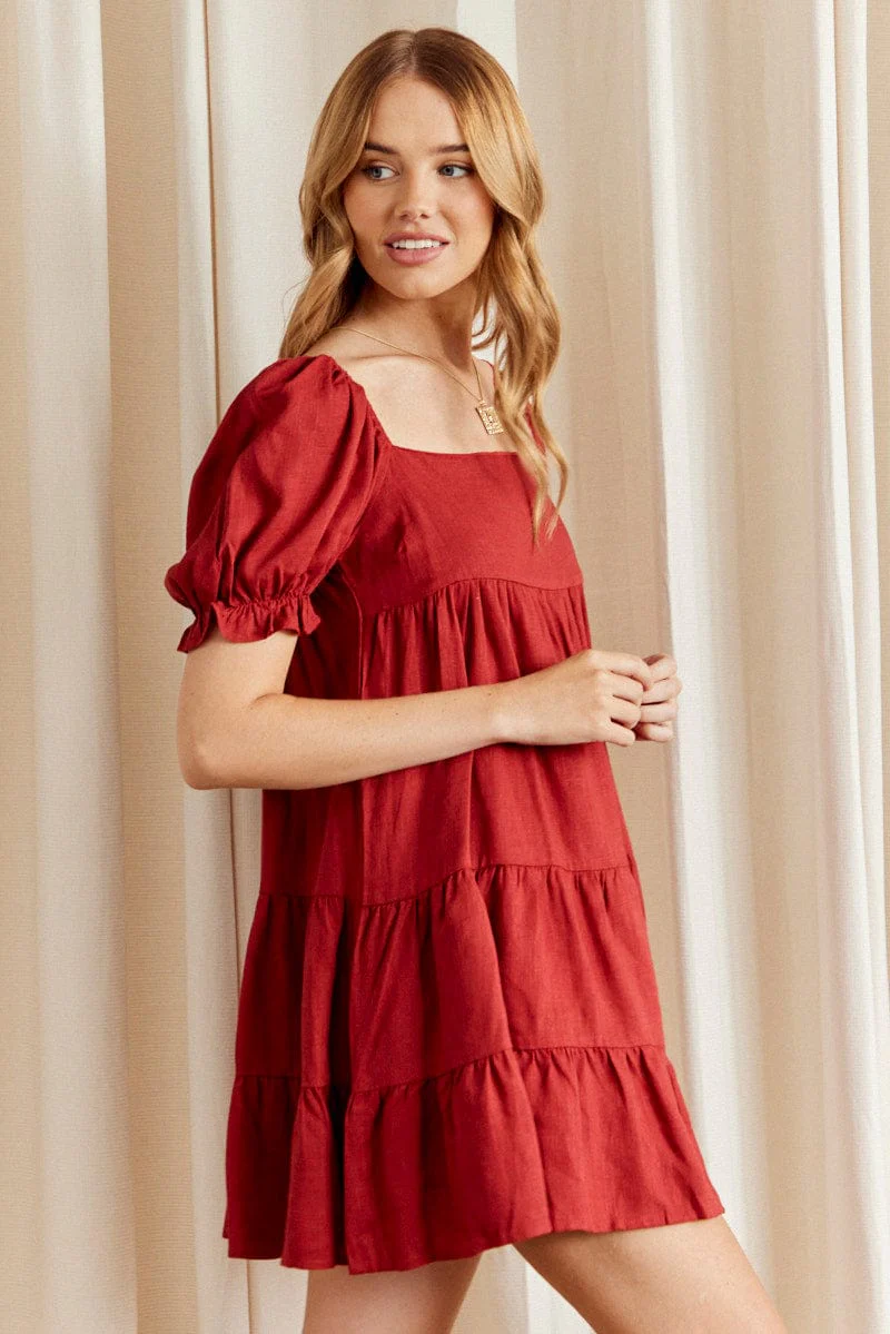 Brown Fit And Flare Dress Short Sleeve Square Neck - Image 4