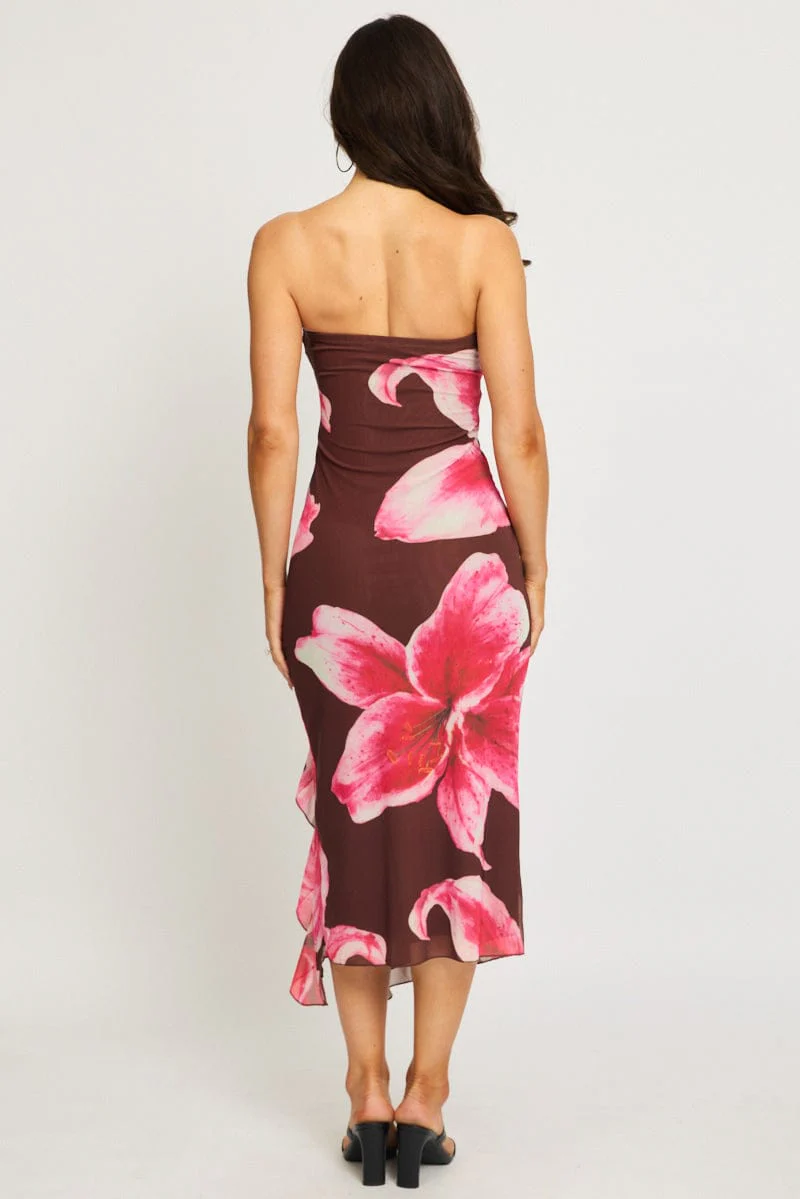 Brown Floral Bodycon Dress Mesh Floral - Image 5