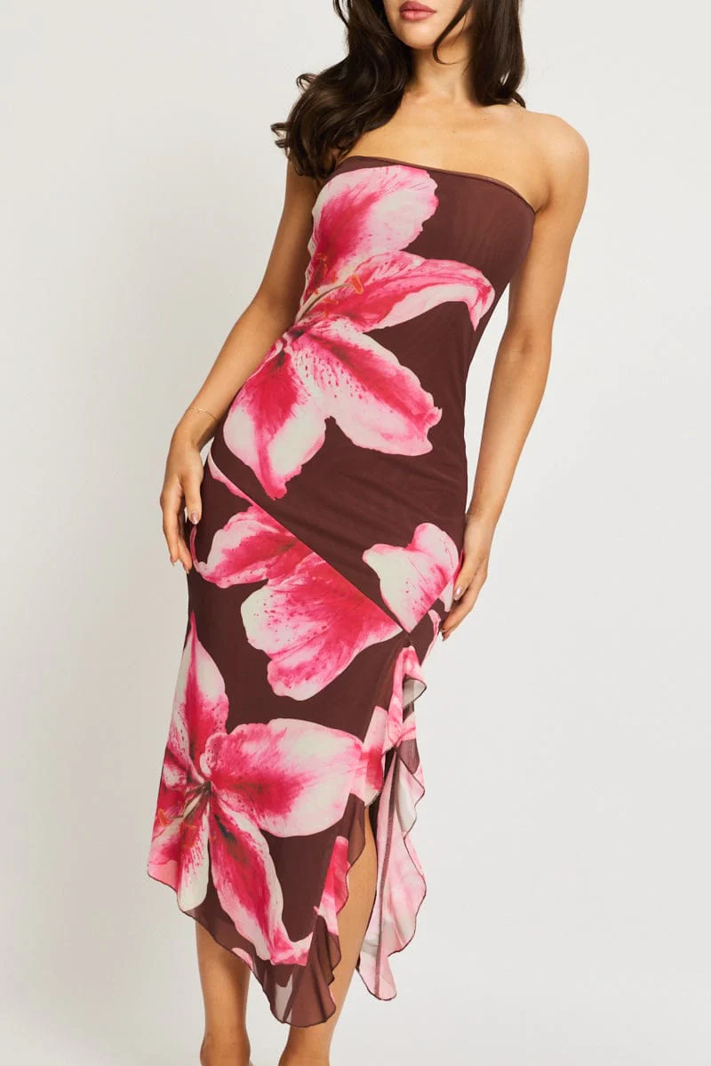 Brown Floral Bodycon Dress Mesh Floral - Image 6