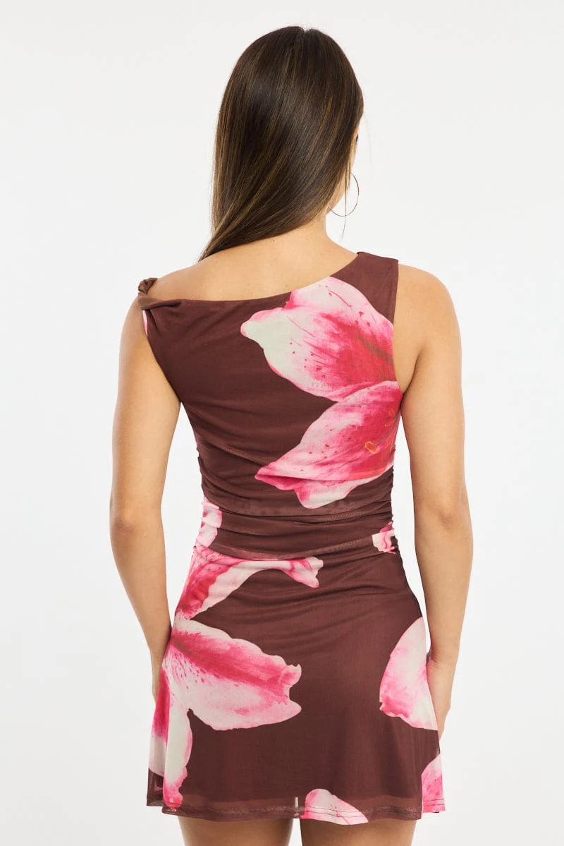 Brown Floral Mini Dress Off Shoulder - Image 4