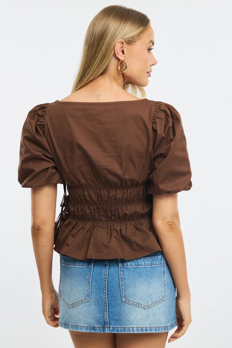 Brown Gathered Top Boat Neck Short Puff Sleeve - Image 4