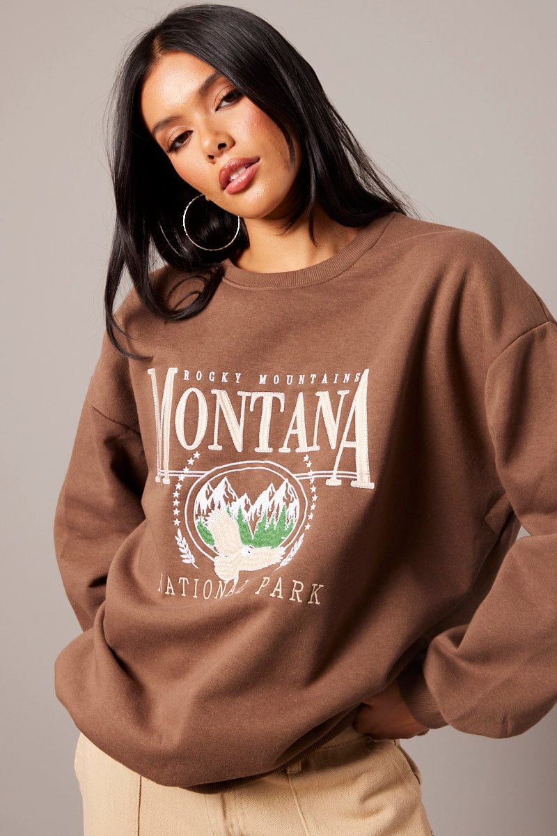 Brown Graphic Sweater Long Sleeve - Image 3
