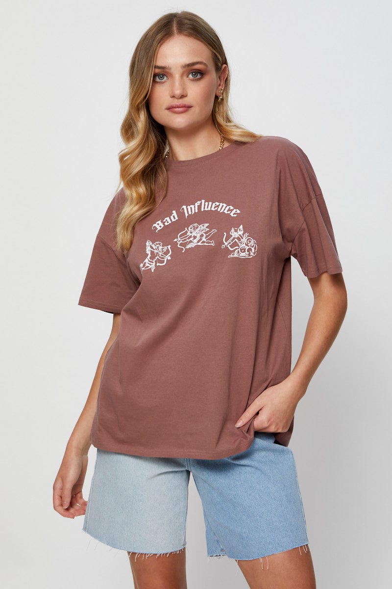 Brown Graphic T-Shirt Short Sleeve Crop - Image 3