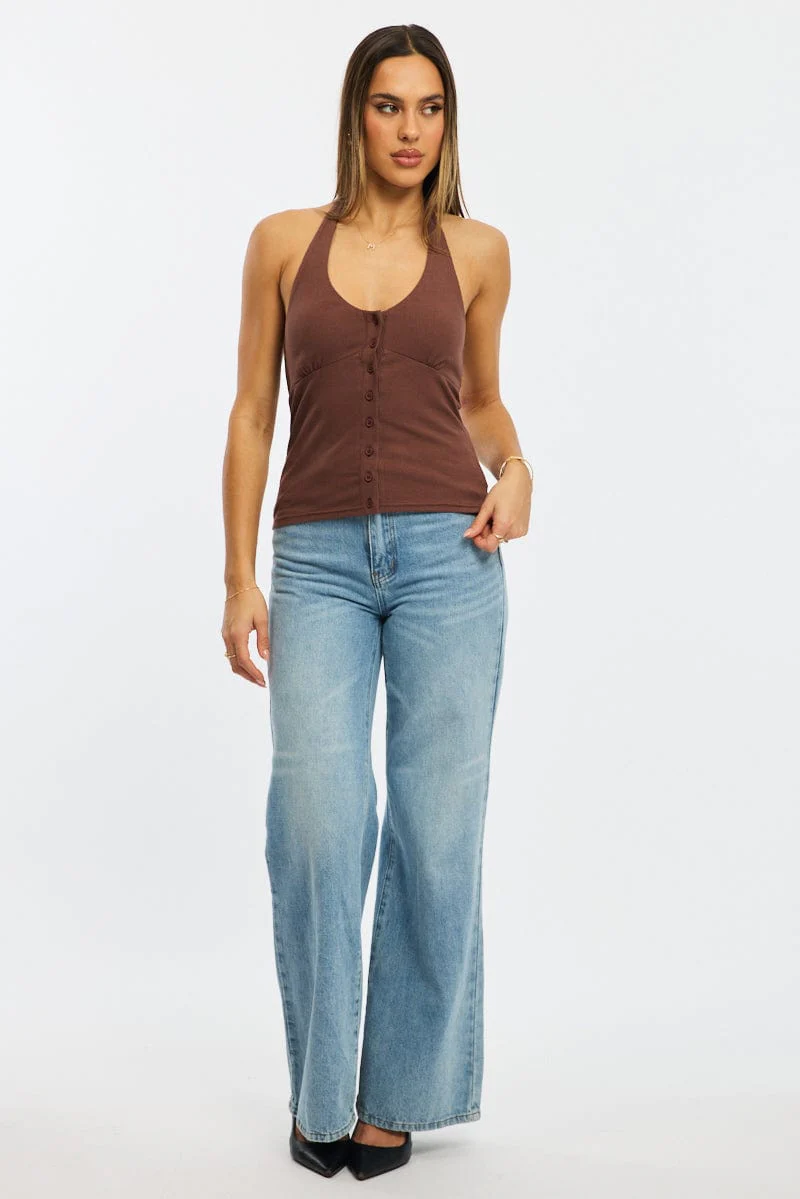 Brown Halter Neck Top Button Front Rib - Image 2