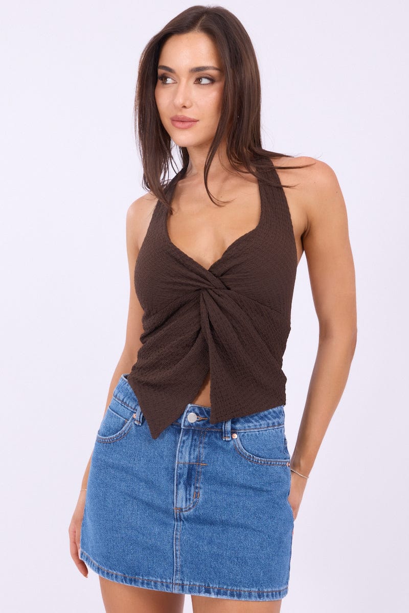 Brown Halter Neck Top Sleeveless - Image 3