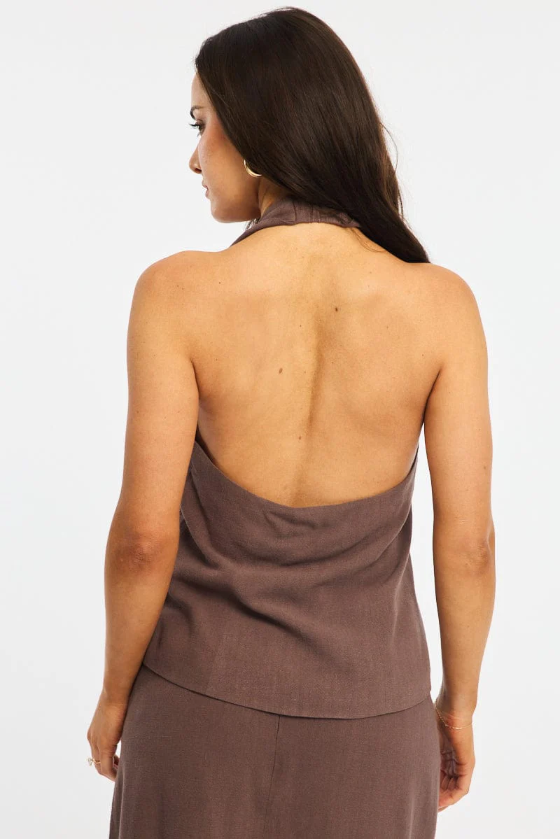 Brown Halter Vest Sleeveless Button Up Linen Blend - Image 5